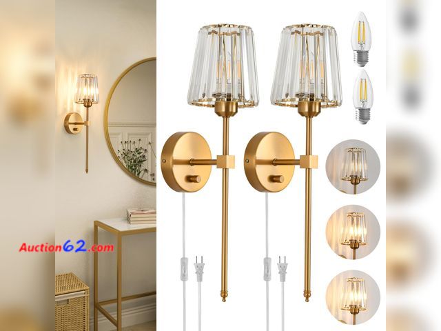 Lot 44-4031j - $109.99 Retail price - Crystal Wall Sconces Set of 2, Dimmable Wall Sconce with Plug in Cord and Dimmer Matte Black Plug in Wall Lamp Wall M...