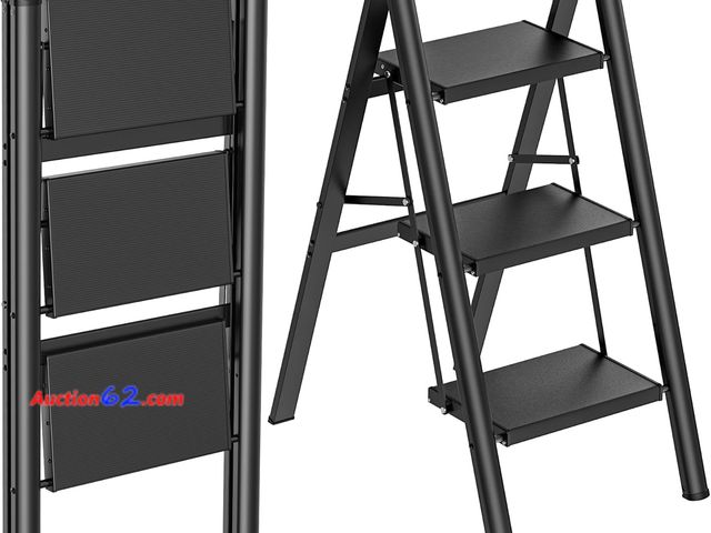 Lot 44-1983 - HBTower 3 Step Ladder, Lightweight Aluminum Folding Step Stool, Step Stool Foldable with Wide Anti-Slip Pedal, 330lbs Capacity for Home and ...