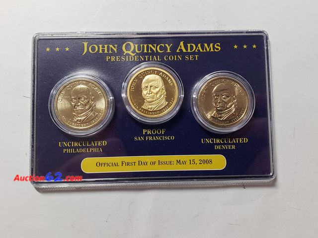 Lot 44-8317k - JOHN QUINCY ADAMS P,D AND S PRESIDENTIAL OFFICIAL 1ST DAY OF ISSUE COIN SET. INCLUDES PHILADELPHIA AND DENVER BUSINESS STRIKES AND SAN FRANC...