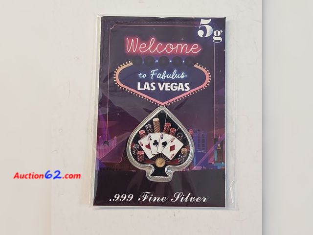Lot 44-8301f - 5 GRAMS .999 FINE PURE SILVER COLORIZED SPADE-SHAPED PLAYING CARDS &amp; POKER CHIPS BAR! STILL SEALED. MADE BY NV COIN.-NT