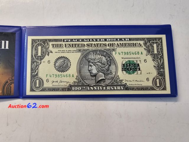 Lot 44-8304u - COLORIZED $1 BILL WITH GRAPHICS FROM A PEACE DOLLAR CELEBRATING THE 100TH ANNIVERSARY OF THE PEACE DOLLAR.-NT