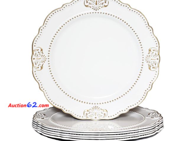 Lot 44-1726f - Spsyrine White Charger Plates with Gold Rim Set of 6, 13" Plate Chargers for Dinner Plates, Wedding, Party Appears New, A basic inspection h...
