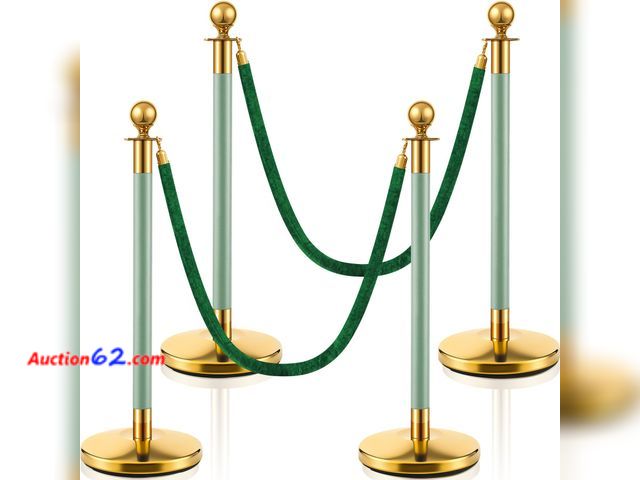 Lot 44-1769w - $115.99 Retail price - Landhoow Stanchions and Velet Ropes 4 Pcs, Hollow Base with Stainless Steel Post, 2 Green Velvet Ropes, Crowd Control...