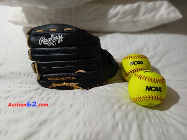 Lot 44-2004k - Gently used Rawlings basketball glove. SS13W, 13 inch and 2 NCAA softball.  See photos. Used Added today