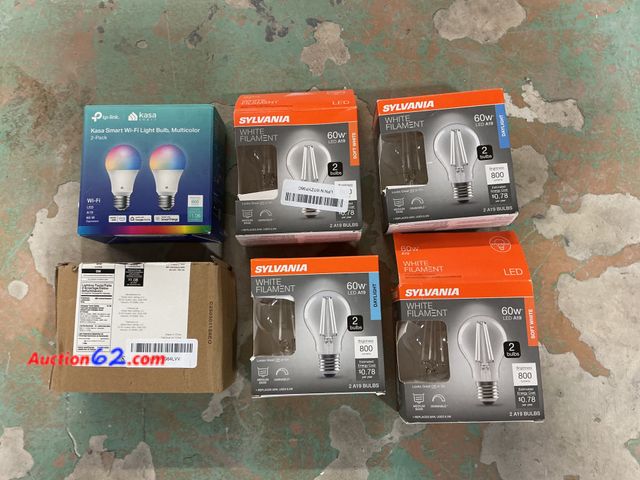 Lot 44-923 - TP-Link Kasa Smart Wi-Fi Light Bulb, Sylvania White Filament LED A19 60W Equivalent, 2-Pack Bulbs Not Tested E-Commerce Return, A basic insp...