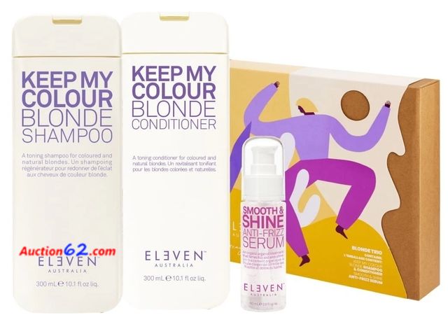 Lot 44-6678b - ELEVEN AUSTRALIA Blonde Trio | Keep My Colour Blonde Shampoo + Conditioner + Smooth &amp; Shine Anti Frizz Serum Appears New