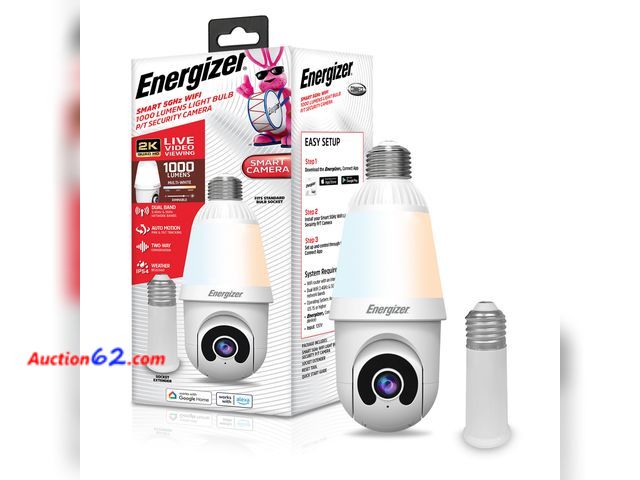 Lot 44-1220j - $79.99 Retail price - Energizer Smart 2K Light Bulb Security Camera, 1000 Lumens LED Light, 5GHz &amp; 2.4GHz Wi-Fi Outdoor Socket Camera, A...