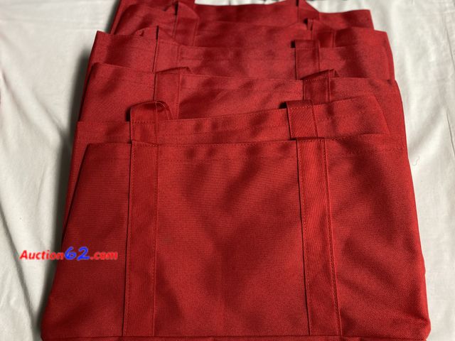 Lot 44-2027o - New. Six red canvas tote bags. Approximately 18”L X 10”W without the handles. Great to print logos on. Outside pocket. See photos. Appears N...