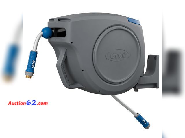 Lot 44-620f - $136 Retail price - Orbit Auto-Retractable Garden Hose Reel - 100 ft x 5/8 in | Heavy-Duty, 180° Swivel Mount, 500 PSI Burst Strength - 2826...