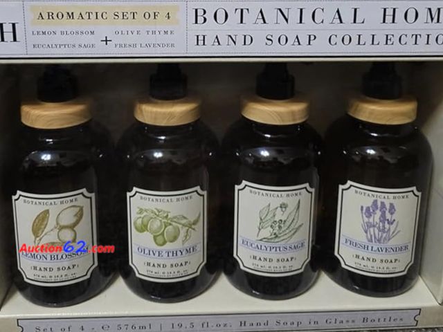 Lot 44-1223j - (1) Leaking (see photos)  Botanical Home Hand Soap Collection, Aromatic Set of 4, Olive Thyme, Eucalyptus Sage, Rosemary, Lavender E-Commerc...