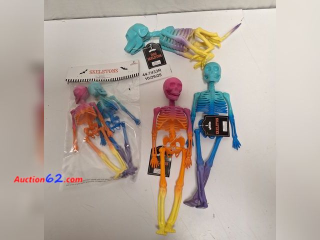 Lot 44-7433r - SKELETONS 2 large, 2 small skeletons and dog skeleton,  5 count, tie-dyed Appears New, A basic inspection has been given to this item. Sold ...