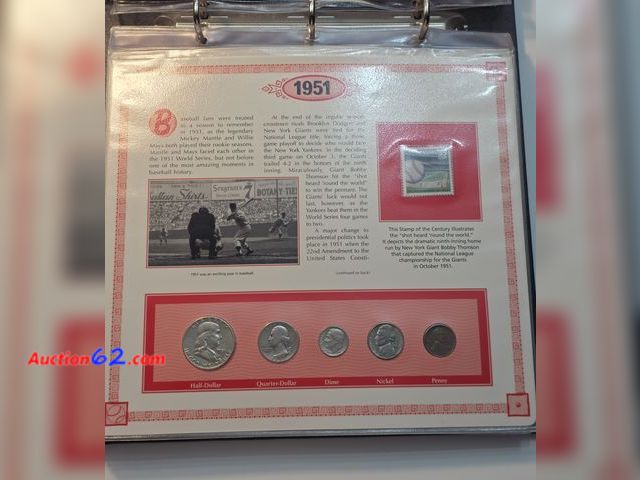 Lot 44-8320p - US COINS OF 1951 COMMEMORATIVE PAGE! COMES WITH A 1951-P 90% FRANKLIN HALF DOLLAR, 1951-P 90% SILVER WASHINGTON QUARTER, 1951-P 90% SILVER R...