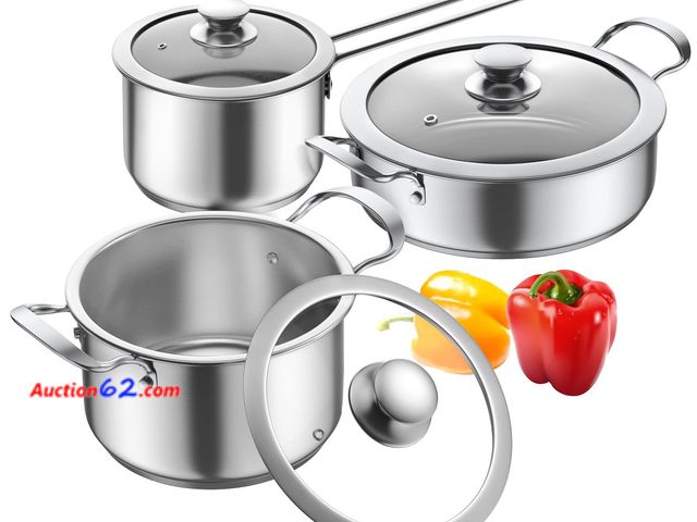 Lot 44-1518j - Aufranc Stainless Steel pots and pans set, 6 Piece Nonstick Kitchen Induction Cookware Set,Works with Induction/Electric and Gas Cooktops, N...