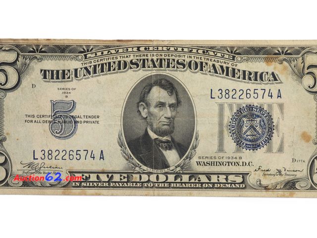 Lot 44-8333m - 1934 B SERIES $5 SILVER CERTIFICATE. FROM THE GOOD OLD DAYS WHEN YOU COULD EXCHANGE THIS NOTE FOR REAL SILVER.-NT