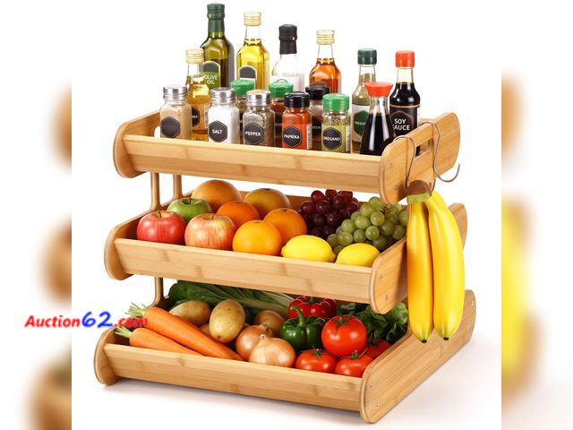 Lot 44-1165j - Yiyiring 3 Tier Fruit Basket for Kitchen Counter, 16.5 inch Stackable Bamboo Fruit Bowl with Banana Hangers Holder Vegetable Storage for Oni...