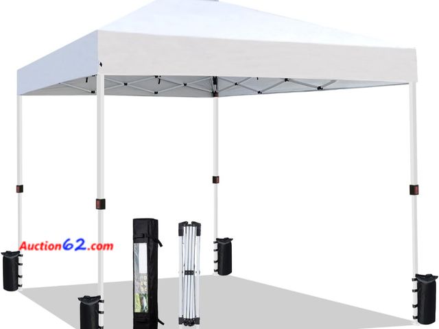 Lot 44-7490g - 10'×10' Heavy duty pop-up commercial canopy tent instant sun shelter with roller bag, bonus 8 stakes and 4 ropes, white  Appears New, A basi...