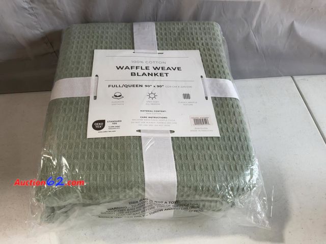 Lot 44-357M - 100% Cotton Green Blanket Full/Queen Size for Bed - Breathable and Soft, Waffle Weave for Summer Spring, 90x90 Inches (Eucalyptus) See All P...