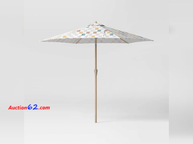 Lot 44-101f - 9' Round Subway Tile Outdoor Patio Market Umbrellas Pastels with Faux Wood Pole - Threshold™ See All Photo's Appears New, A basic inspection...