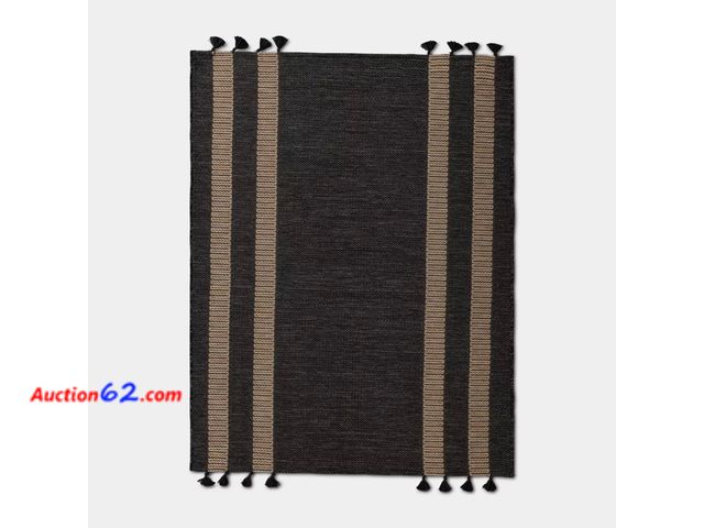 Lot 44-265e - Threshold Patio Rug 5x7 Pecan Charcoal Striped Tassel Accent Appears New, A basic inspection has been given to this item. Sold AS-IS. See Al...