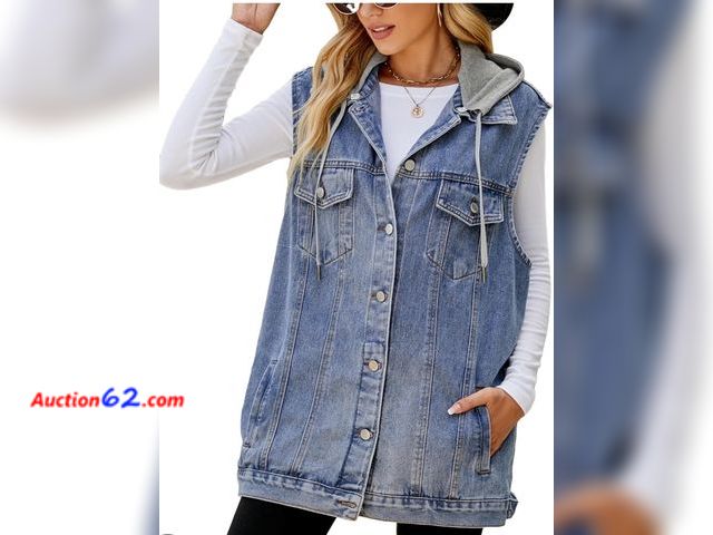 Lot 44-6507r - Size XS hathne Women's Oversized Denim Vest Sleeveless Jean Jacket Vest with Hood Button Down Long Waistcoat with Pockets Streetwear Appears...