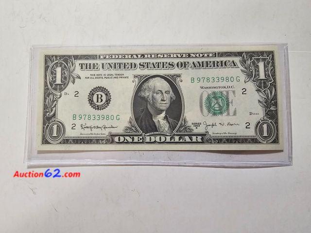 Lot 44-8345i - STAR NOTE!-GEM UNCIRCULATED 1963B SERIES JOSEPH W BARR DOLLAR BILL. THERE ARE 5 CONSECUTIVE NOTES BEING SOLD SEPARATELY IN THIS AUCTION. NOT...