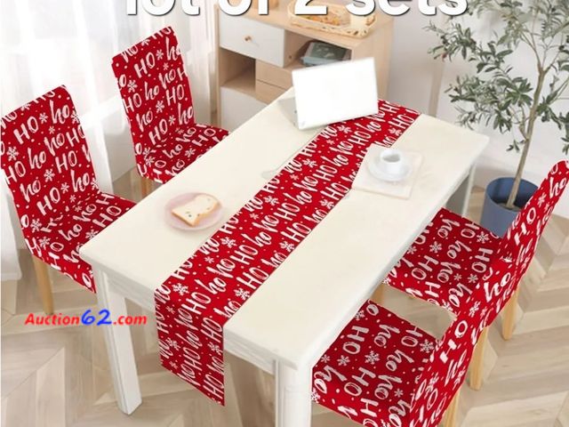 Lot 44-6503w - Lot of 2 TQFZP Christmas Chair Covers Set of 4 and Table Runner Stretch Red Xmas HO Chair Slipcovers for Kitchen Washable Removable Chair Pr...