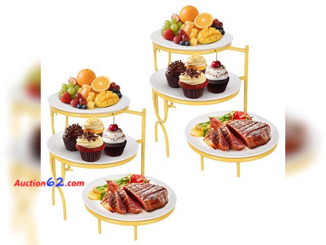 Lot 44-1125o - 2 Set 3 Tiered Serving Stand with White Porcelain Plate Rotatable Dessert Table Display Set 10'' Round Tiered Serving Trays &amp; Platters f...