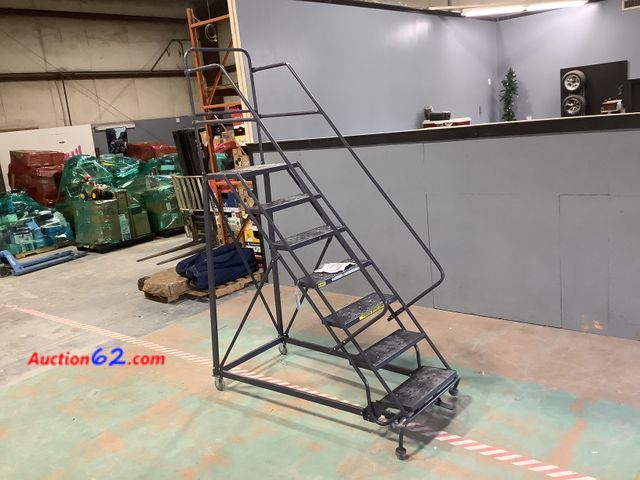 Lot 44-24b - Retail value $800- 106 in H Steel Rolling Ladder, 7 Steps, 450 lb Load Capacity, Bent See Photos, Rolls well &amp; Locks