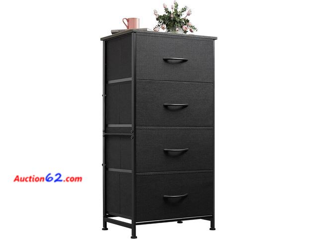Lot 44-5511j - Dresser with 4 Drawers, Fabric Storage Tower, Organizer Unit for Bedroom, Hallway, Entryway, Closets, Sturdy Steel Frame, Wood Top, Easy Pul...