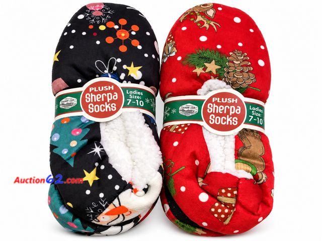 Lot 44-6110m - Two pair of Holiday Plush Sherpa Slipper Socks. Size:Ladies 7-10 Appears New, A basic inspection has been given to this item. Sold AS-IS. Se...
