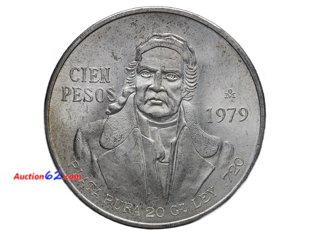 Lot 44-8379m - 1979 CIEN PESOS LARGE SILVER COIN. HAS 0.6428 TROY OUNCES OF SILVER. OVER A HALF AN OUNCE! MEXICAN SILVER IS VERY HOT RIGHT NOW AND PEOPLE A...