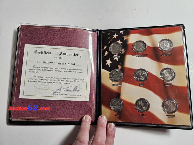 Lot 44-8339q - 100 YEARS OF THE NICKEL SET W/JEFFERSON, BUFFALO, LIBERTY V, KEELBOAT, PEACE MEDAL, SILVER WAR NICKEL, 2006 JEFFERSON, 2005 BISON (BUFFALO) ...