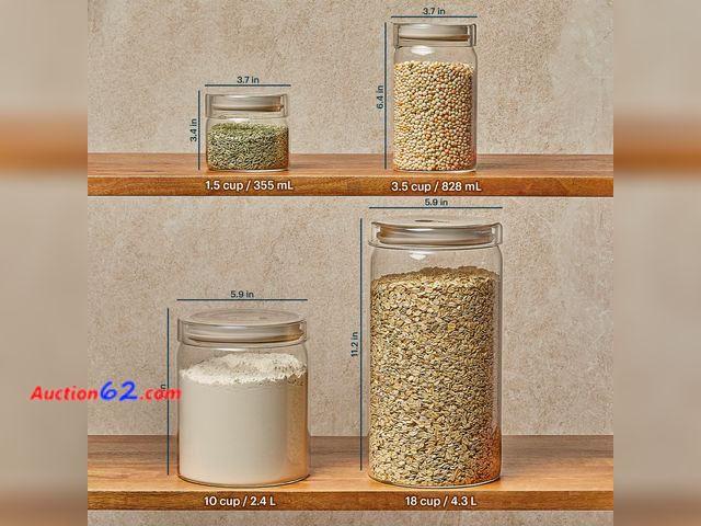 Lot 44-1598e - Pyrex 4-Pack Glass Canister Set - Lightweight Dry Food Storage Containers Appears New, A basic inspection has been given to this item. Sold ...