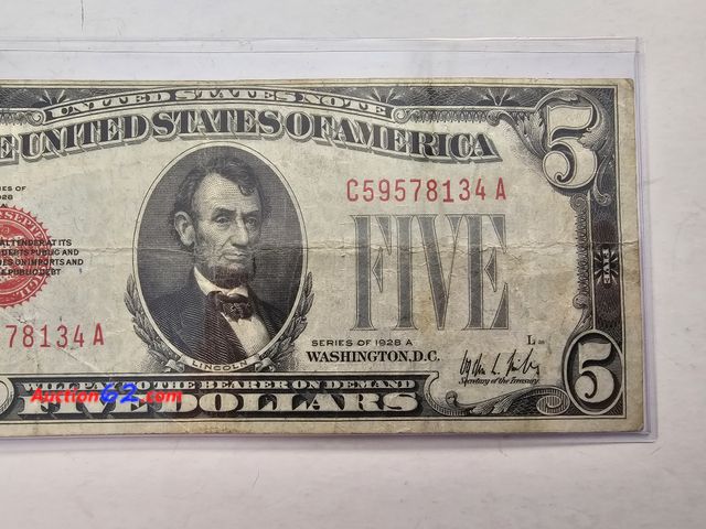 Lot 44-8337u - 1928 A SERIES $5 RED SEAL LEGAL TENDER NOTE. CIRCULATED. FROM THE GOOD OLD DAYS WHEN MONEY SAID "LEGAL TENDER FOR ALL DEBTS, PUBLIC AND PRIV...