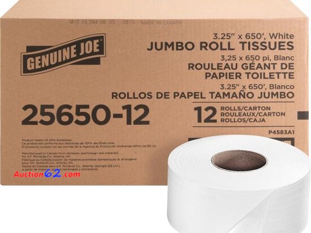 Lot 44-1195g - Retail value $51- Genuine Joe Jumbo Roll Bath Tissue - 2-Ply White Toilet Paper, 3.3" x 650' per Roll, 12 Count Bulk Pack, Recycled Fiber, C...
