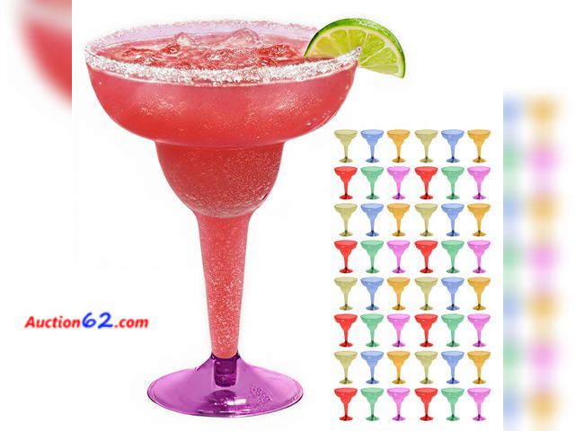 Lot 44-798 - Prestee Multicolor Disposable 48 Plastic Margarita Glasses - 12 oz Hard Cocktail Cups for Cinco de Mayo Fiesta, Taco Party and Mexican Decor...