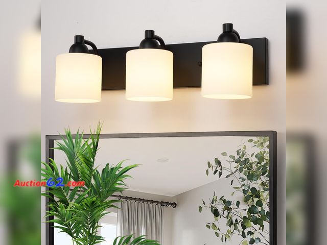 Lot 44-1673w - $89.99 Retail price - Mecgirn Milk Glass Vanity Lights for Bathroom, 3 Light Matte Black Bathroom Light Fixtures Over Mirror, Ceramic E26 So...