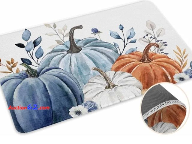 Lot 44-6529p - ALAGEO Fall Welcome Mat - Watercolor Pumpkin Design, Blue Leaves, 18 x 30 Inch, Non Slip Rubber, Indoor/Outdoor Appears New, A basic inspect...