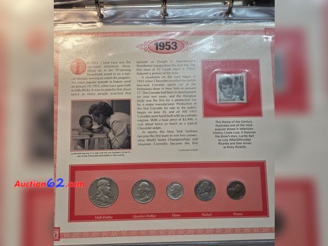 Lot 44-8322p - US COINS OF 1953 COMMEMORATIVE PAGE! COMES WITH A 1953-P 90% FRANKLIN HALF DOLLAR, 1953-D 90% SILVER WASHINGTON QUARTER, 1953-P 90% SILVER R...