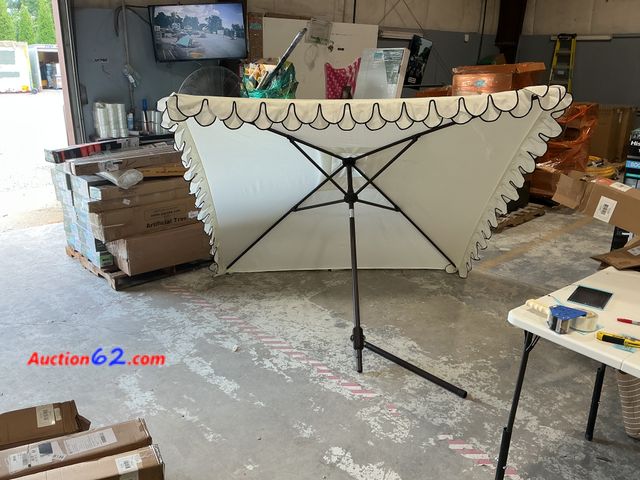 Lot 44-1209g - Retail value $95- Elegant Valance 7.5 ft. Aluminum Market Tilt Patio Umbrella in White/Black E-Commerce Return, A basic inspection has been ...