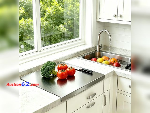 Lot 44-4053e - Square Double Sided Stainless Steel Cutting Board with Lip(15.7'' x 15.7'') Appears New, A basic inspection has been given to this item. Sol...