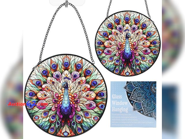 Lot 44-2764f - Peacock Stained Glass Window Hanging, Peacock Gifts for Women Mom Grandma Suncatcher with Metal Chain and Hooks, Sun Catcher Glass Art for I...