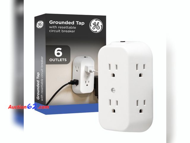 Lot 44-1869a - GE 6-Outlet Extender, Grounded Wall Tap, Reset Button, Circuit Breaker, Adapter Spaced Outlets, 3-Prong, Multiple Plug, Quick and Easy Insta...