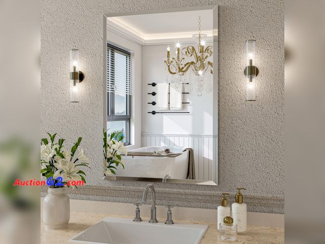 Lot 44-125e - $139.99 Retail price - JIINGYO Frameless Bathroom Mirror, 30"x36" Beveled Bathroom Vanity Mirror See All Photo's Appears New, A basic inspec...