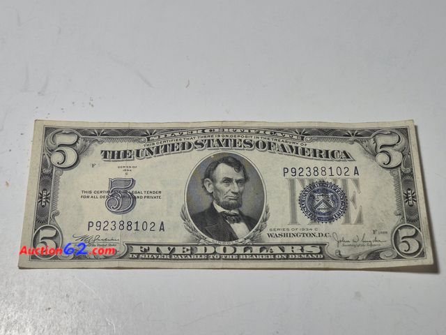 Lot 44-8318j - 1934A SERIES $5 SILVER CERTIFICATE. NEARLY UNCIRCULATED, STILL NICE AND CRISP. FROM BACK IN THE GOOD OLD DAYS WHEN THEY SAID "PAYABLE IN SIL...