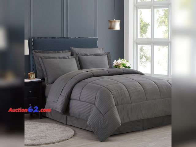 Lot 44-2579w - Queen Comforter Set 8 Piece Bed in a Bag with Bed Skirt, Fitted Sheet, Flat Sheet, 2 Pillowcases, 2 Pillow Shams, Queen, Dobby Gray Appears ...