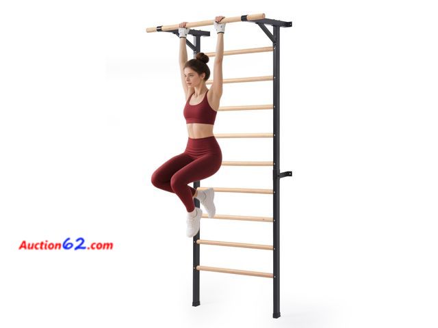 Lot 44-1635w - $159.99 Retail price - Morohope Solid Beechwood Stall Bar, 90" Swedish Ladder Wall Gym with Pull-up Bar &amp; Dip Station, 220lbs Capacity W...