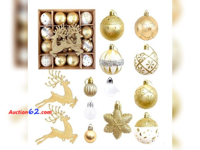Lot 44-6559w - 40 Pcs Christmas Ornaments for Xmas Tree, with Gold, White, Elk Decoration, Hanging Balls Plastic Appears New, A basic inspection has been g...