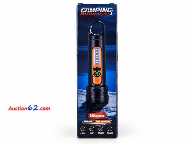 Lot 44-6105m - Camping flashlight 4 function 800 lumens side light zoom flashlight #60225. Comes with c charger Appears New, A basic inspection has been gi...