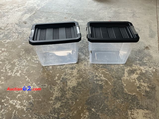 Lot 44-1211j - Two Clear Storage Bins with Black Lids E-Commerce Return, A basic inspection has been given to this item. Sold AS-IS.